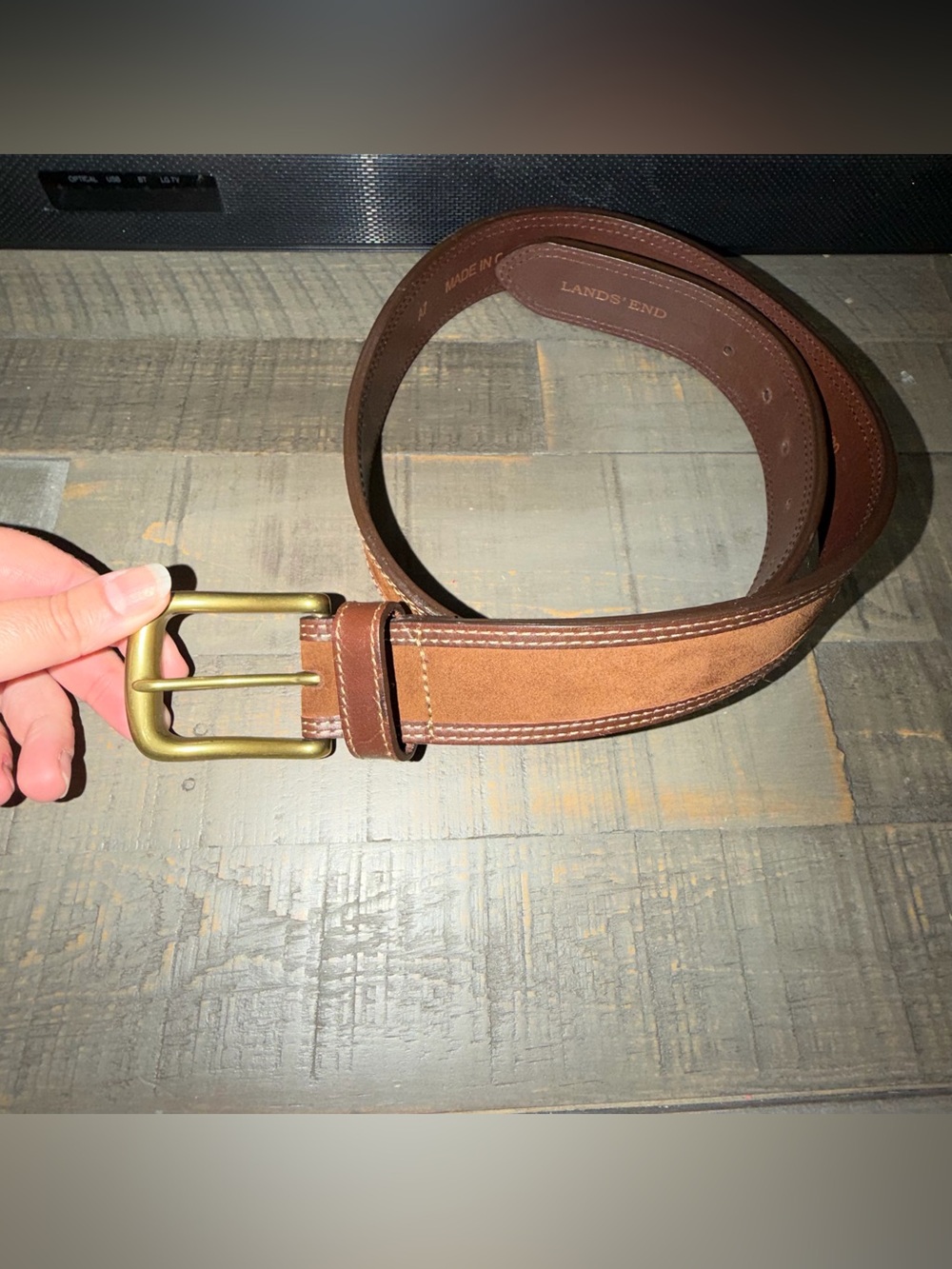 Lands' End Brown Suede & Leather Men's Belt with Brass Buckle size 32